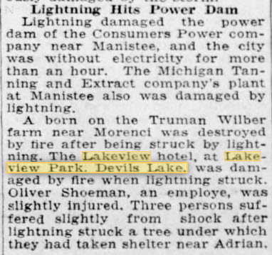 Devils Lake Amusement Park - July 28 1928 Article On Lightning Strike (newer photo)